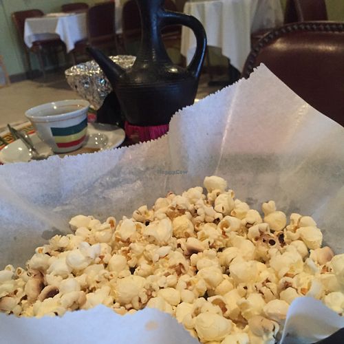 the coffee is served with popcorn  at Abyssinia in Louisville