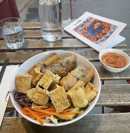 Imperial roll vermicelli bowl with fried tofu  at Bistro CÔ ÚT - Montréal in Montreal