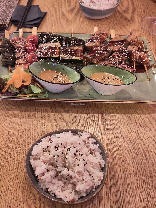 Okra, Tomatoes, Zucchini, Tofu, Chestnuts grilled on sticks - comes with rice at Hachi - Asian Grill in Bayreuth
