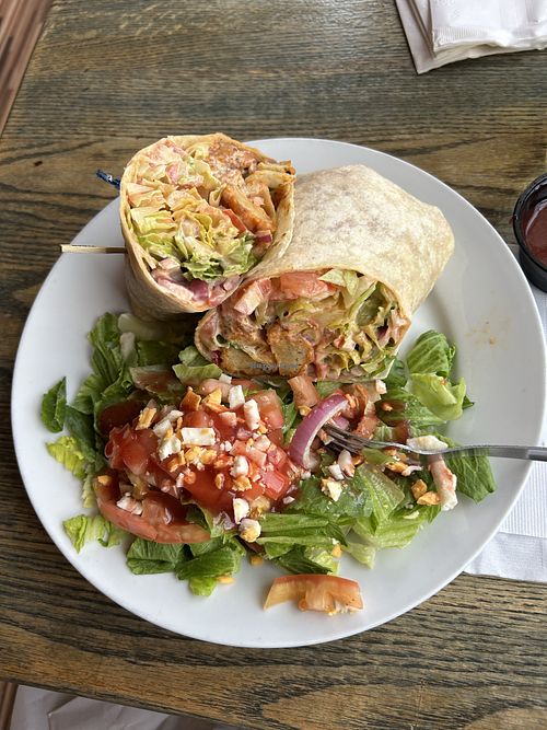 Vegan Buffalo Wrap with a side salad instead of fries  at Midway Bar in Midvale