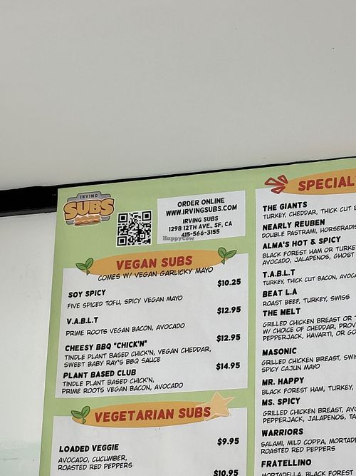 Vegan sub menu   at Irving Subs in San Francisco