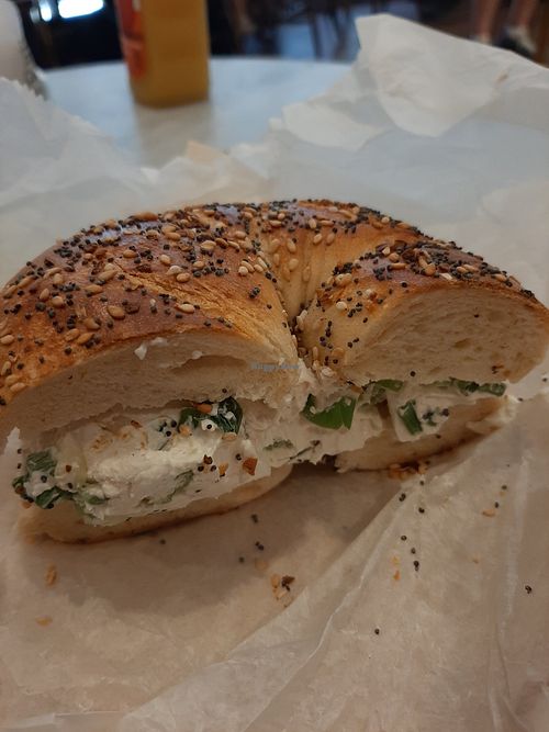 Everything bagel w/ tofu scallion spread (like cream cheese) at Bagel Pub - Garment District in New York