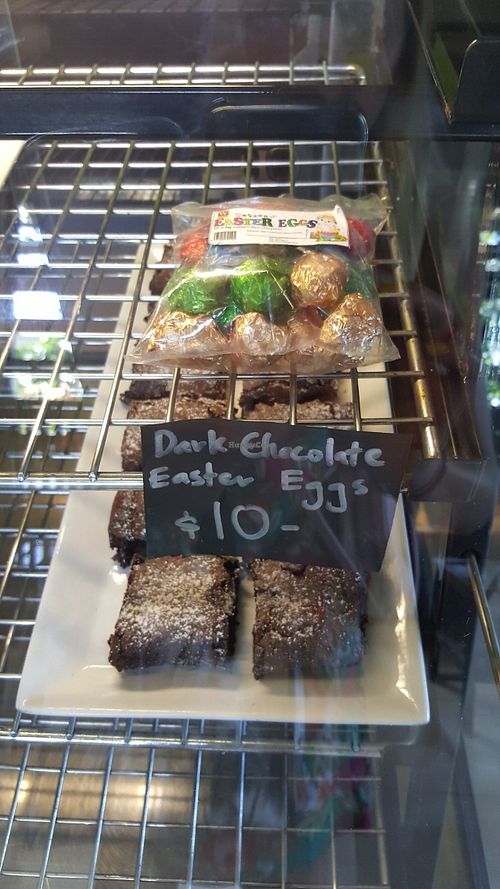Chocolate brownie and easter eggs at Krush Juice Lounge in Apia