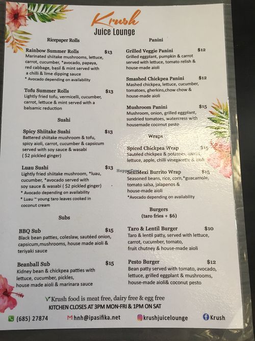 Menu  at Krush Juice Lounge in Apia