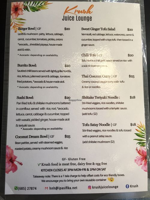 Menu at Krush Juice Lounge in Apia