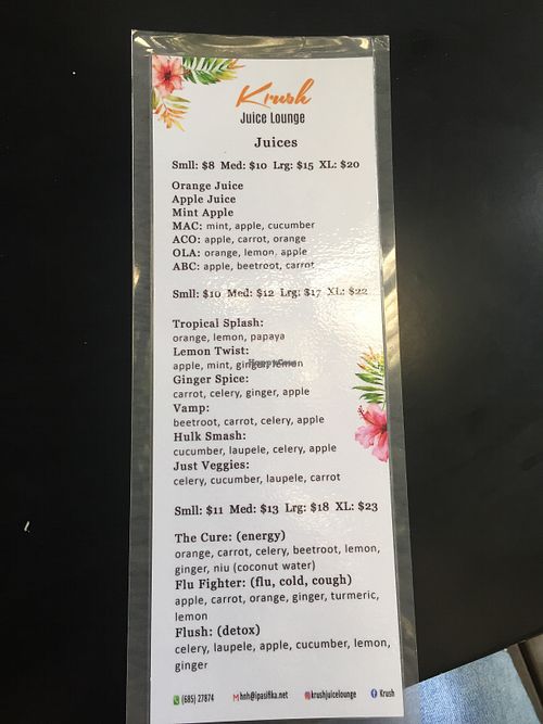 Juice and smoothie menu  at Krush Juice Lounge in Apia