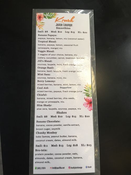 Juice and smoothie menu at Krush Juice Lounge in Apia