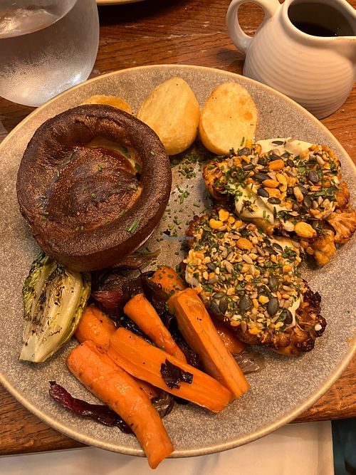 Roast cauliflower (the Yorkshire pudding is NOT vegan).  at The Red Deer in Horsham