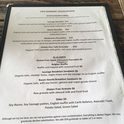 Breakfast menu as of March 2017 at Two Mammas Vegan Kitchen in Oakland