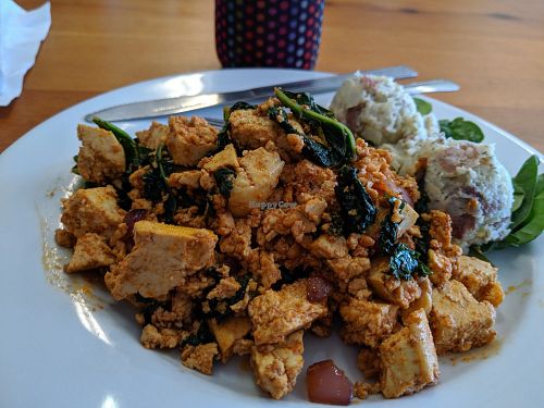 Tofu scramble with potato salad at Two Mammas Vegan Kitchen in Oakland