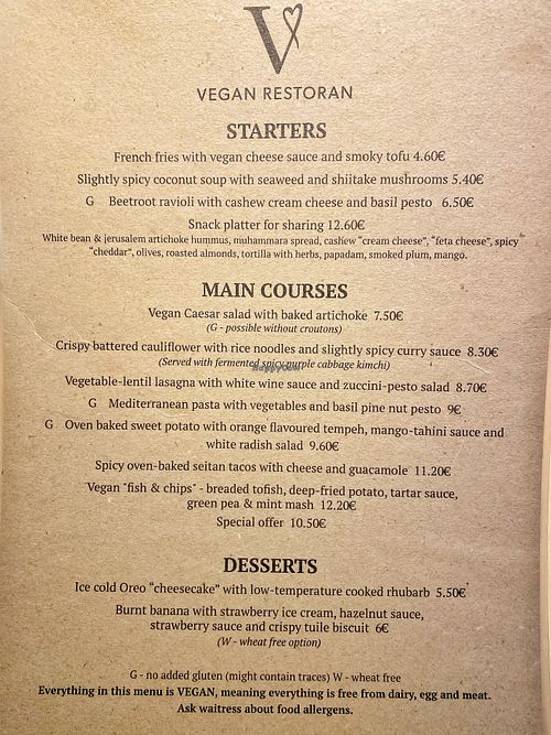 Menu at Vegan Restoran V in Tallinn