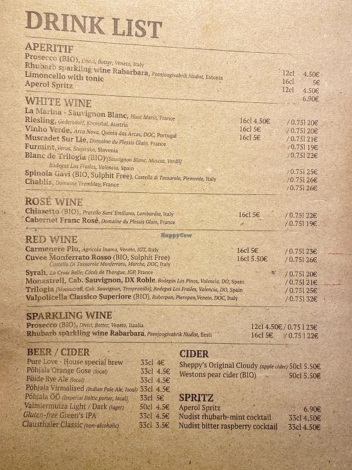Drinks menu at Vegan Restoran V in Tallinn