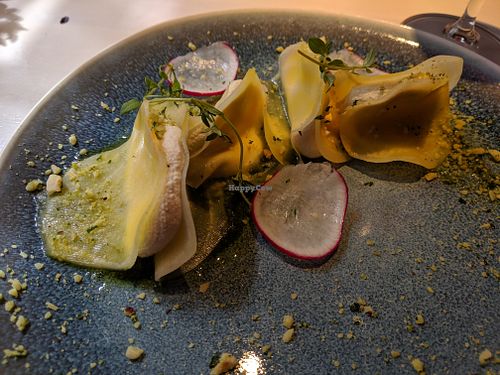 beet ravioli with cashew cheese at Vegan Restoran V in Tallinn