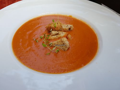 Spicy tomato soup at Vegan Restoran V in Tallinn