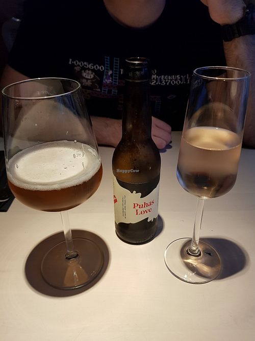 House beer (4€) and local rhubarb sparkling wine at Vegan Restoran V in Tallinn