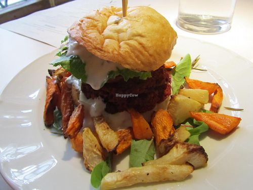 Chickpea burger with baked vegetables at Vegan Restoran V in Tallinn