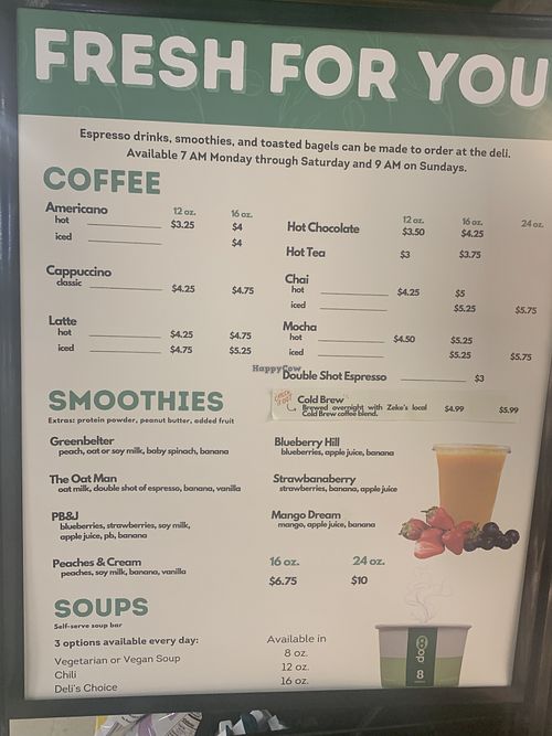 Deli drink menu with vegan options  at Greenbelt Co-op in Greenbelt