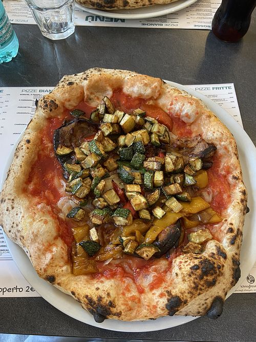 Vegetable pizza (you can remove the cheese) with courgette, eggplant, onion and peppers.  at Fratelli Bizzarro  in Alghero