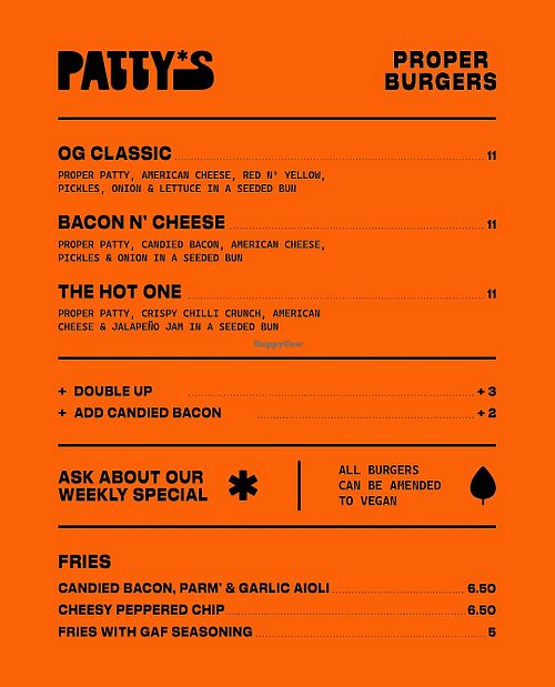 Menu as of July 2025 at Patty's Burger in Belfast
