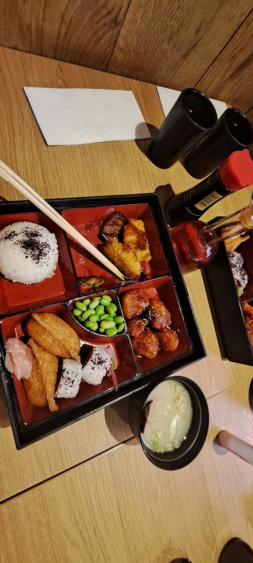 Bento box with miso soup, and green tea at Yakinori in Birmingham