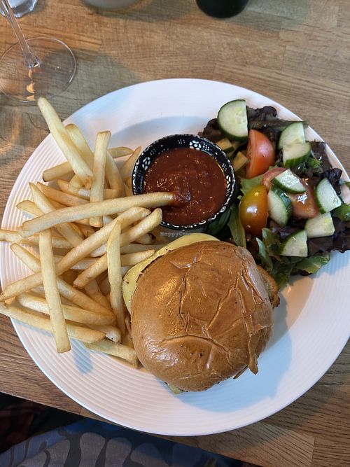 Vegan burger and fries  at Edinborg Bistro in ísafjarðarbær
