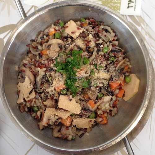 Vegan Paella with wild rice, mushrooms and tofu at Cafe Louise in Tel Aviv