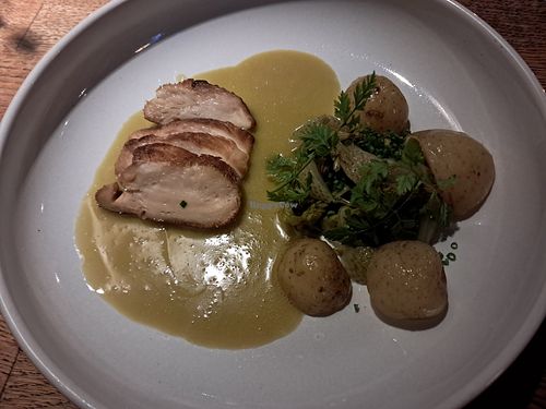 Lion's manw mushroom, summer potatoes, green kimchi and green kimchi sauce at The Bull & The Firm in Uusimaa