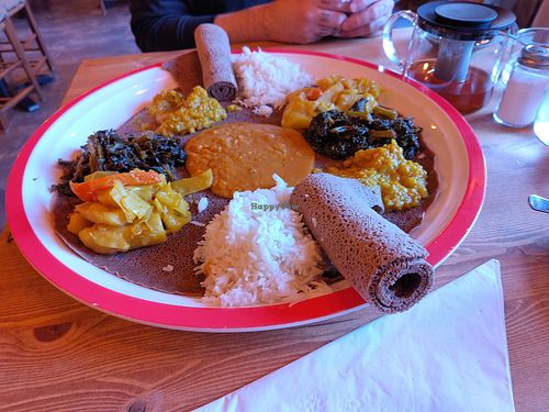 Vegan platter with rice at Massawa in Glasgow