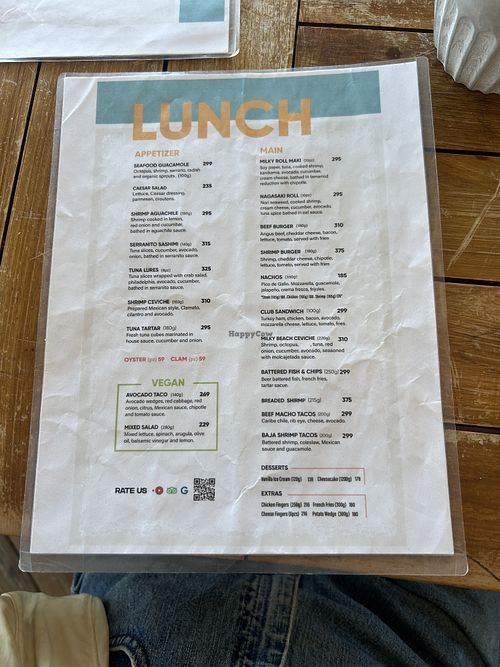 Menu with vegan options   at Milky Beach Cabo in Baja California Sur
