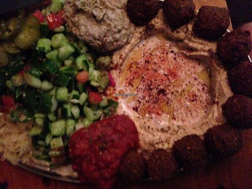 Mediterranean platter: hommus, felafel, cabbage, salsa, pickles, tabouli, sauerkraut with pita. at Orgasmic in Byron Bay