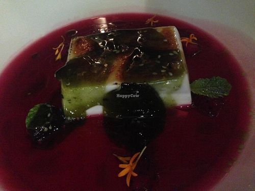 Palm sugar caramelised tofu brulee with dragon fruit consomme and pandan/sesame tuile. at Vivo Bar and Grill in Palm Cove