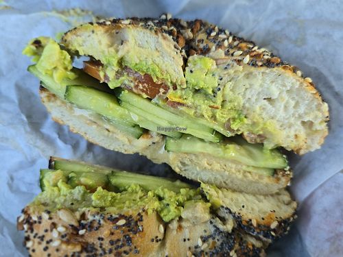Harvest bagel, sub hummus for cream cheese at Grateful Bagel in Penngrove