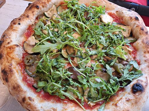 Vegan pizza with plant mozzarella, zucchini, ruccola, jalapeño. at Pelso di Napoli in Balatonlelle