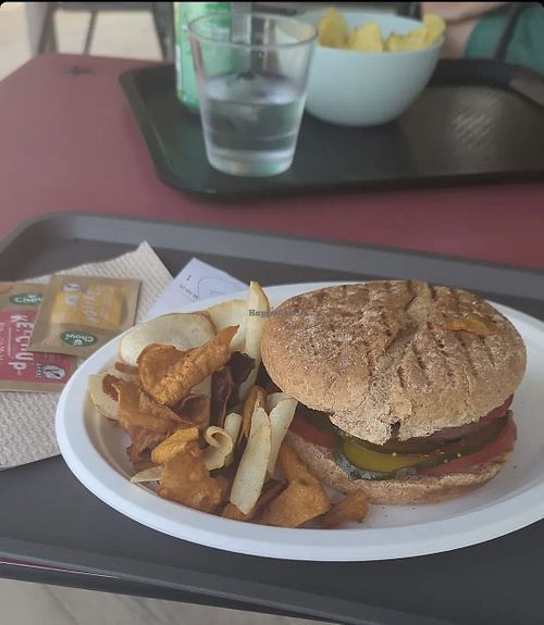 Vegan Beyond hamburger with vegetable chips at Les Cascades in Barcelona