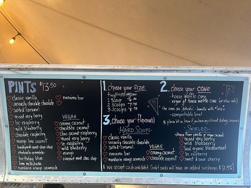 Menu including 2 vegan flavours: coconut and chocolate coconut    at Love's Ice Cream in Cumberland