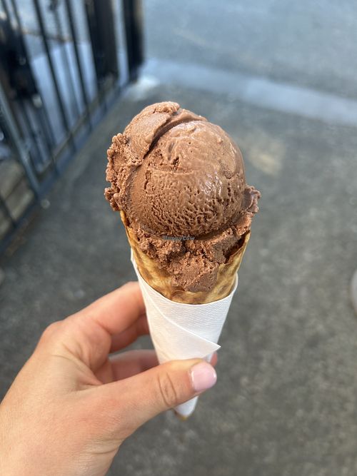 Vegan chocolate coconut ice cream on vegan waffle cone    at Love's Ice Cream in Cumberland