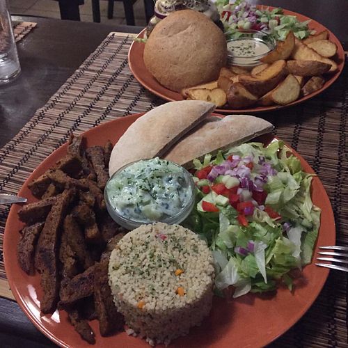 burger and gyros at Kozmosz Vegan Etterem in Budapest