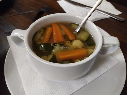 Daily soup - broth with veggies 🥣 at Kozmosz Vegan Etterem in Budapest