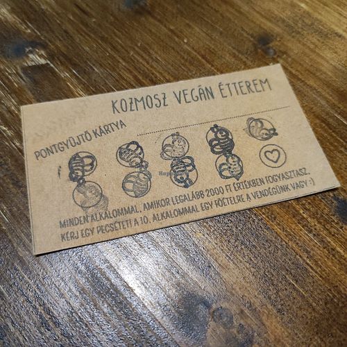 Ha visszajáró vendég vagy, pecséteket gyüjthetsz, így a 10. főételed ingyenes! 🥰 at Kozmosz Vegan Etterem in Budapest