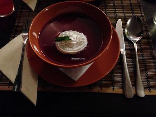 Cherry soup with vegan whipped cream at Kozmosz Vegan Etterem in Budapest