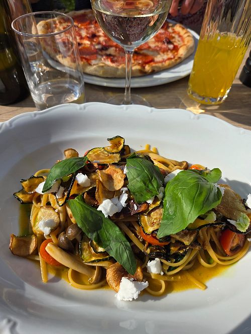 Vegan pasta with mushrooms, squash, tomato and cheese. at La Bottega in Lulea