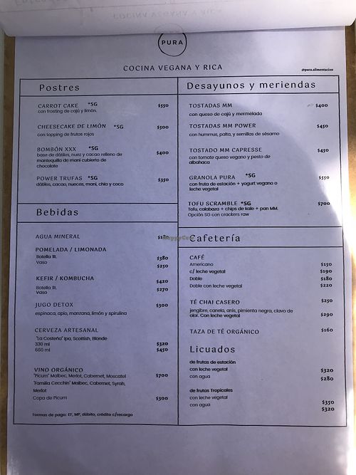 Menu at PURA in San Isidro