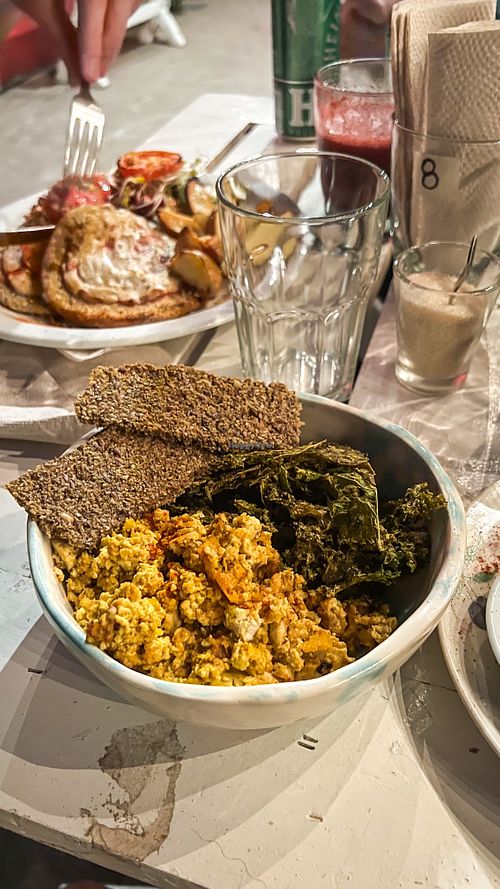 Tofu scramble with kale chips and raw crackers  at PURA in San Isidro