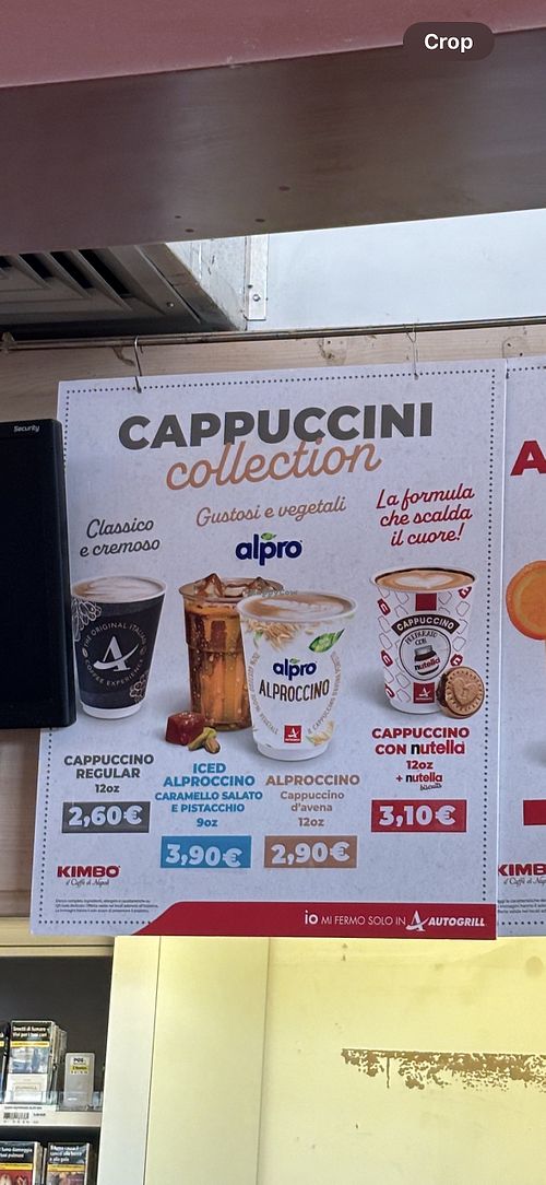 Selection of coffees made with Alpro milk  at Autogrill Giovi Ovest in Liguria