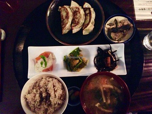 Set menu. Yakigyoza, 4 side dishes, medium rice. Around 1600 yen. at Komenoko in Tokyo