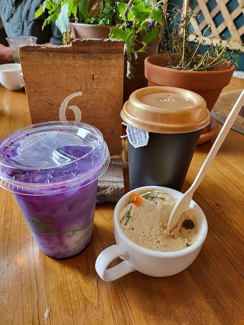 Iced and hot "Wizard Fog" drinks available with oat milk; plant based chocolate chip cookie dough. at Elevenses in Brunswick
