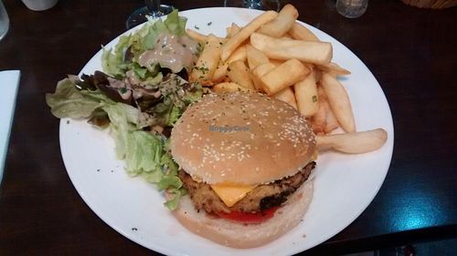 Vegan burger with chick peas' steak at Caprice Cafe in Paris