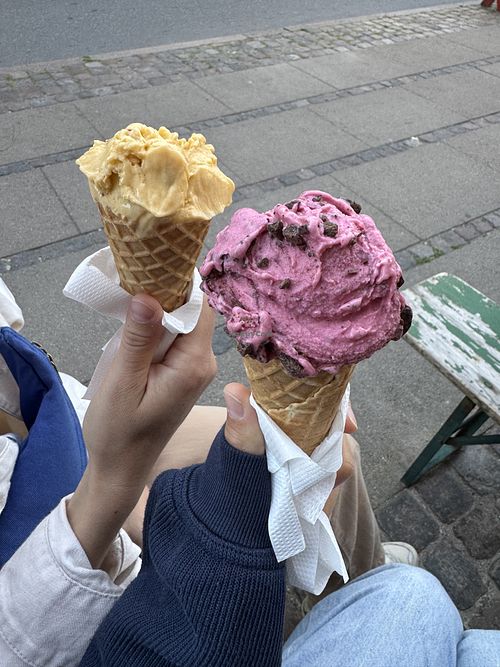 Both vegan icecreams - mango and raspberry   at Isoteket Stefansgade in Copenhagen