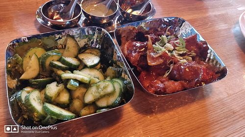 Gobi Manchurian and Cucumber Salad at Poppadom & Pints in England
