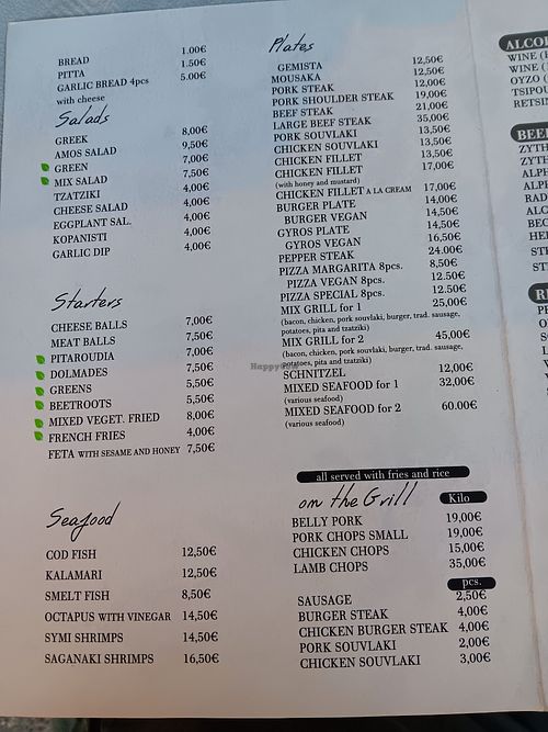 Menu at Prophet Amos in Rhodes